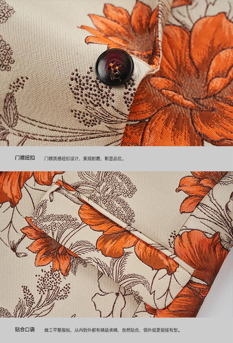 Men Suit 2 Pieces Orange Flower Pattern One Button Business Casual For Wedding Birthday Party Set Jacket And Pants