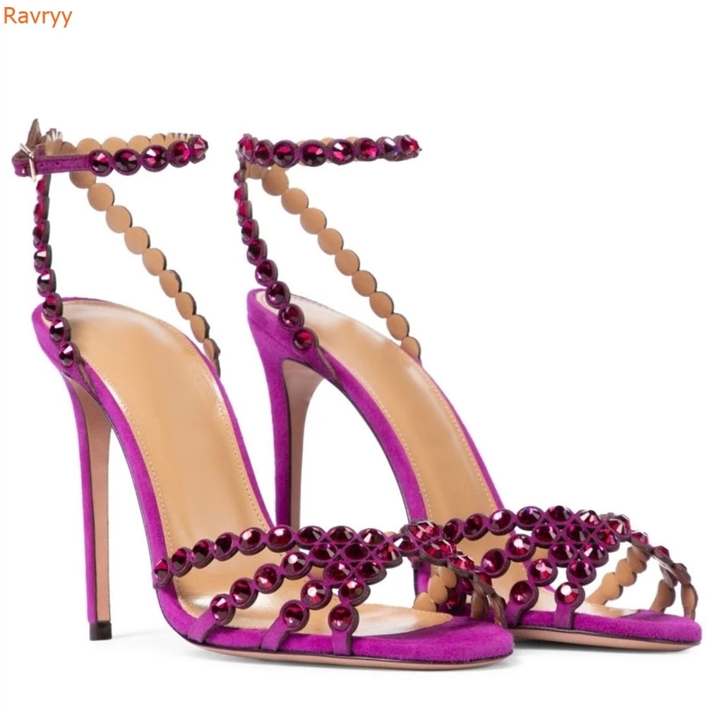 Women Peep Toe Wedding Sandals Crystal Bling Bling Colored Rhinestone shiny Sandals Stiletto Heels Slingback Ankle Strap Shoes