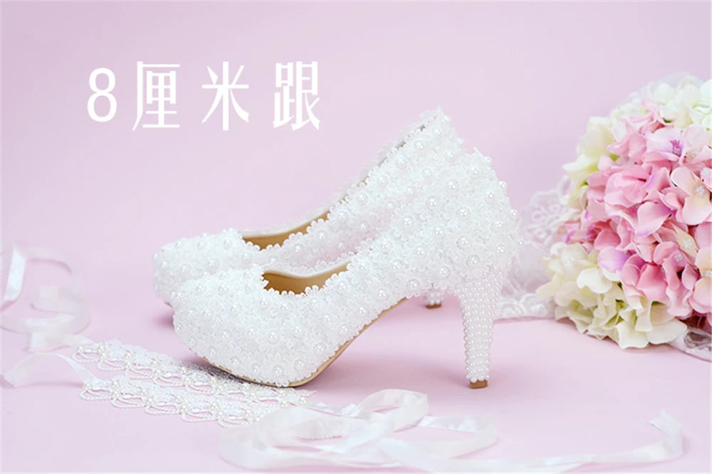 Spring round head shallow pearl lace with waterproof platform wedding shoes thin high-heeled banquet dress large size women shoe