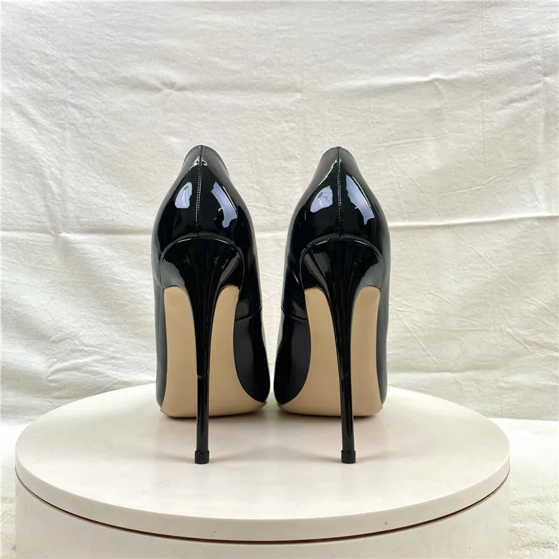Elegant Glossy Black Curl Cut Women Pointy Toe 12cm High Heel Shoes Sexy V Cut Lady Party Wedding Stiletto Pumps Size 45