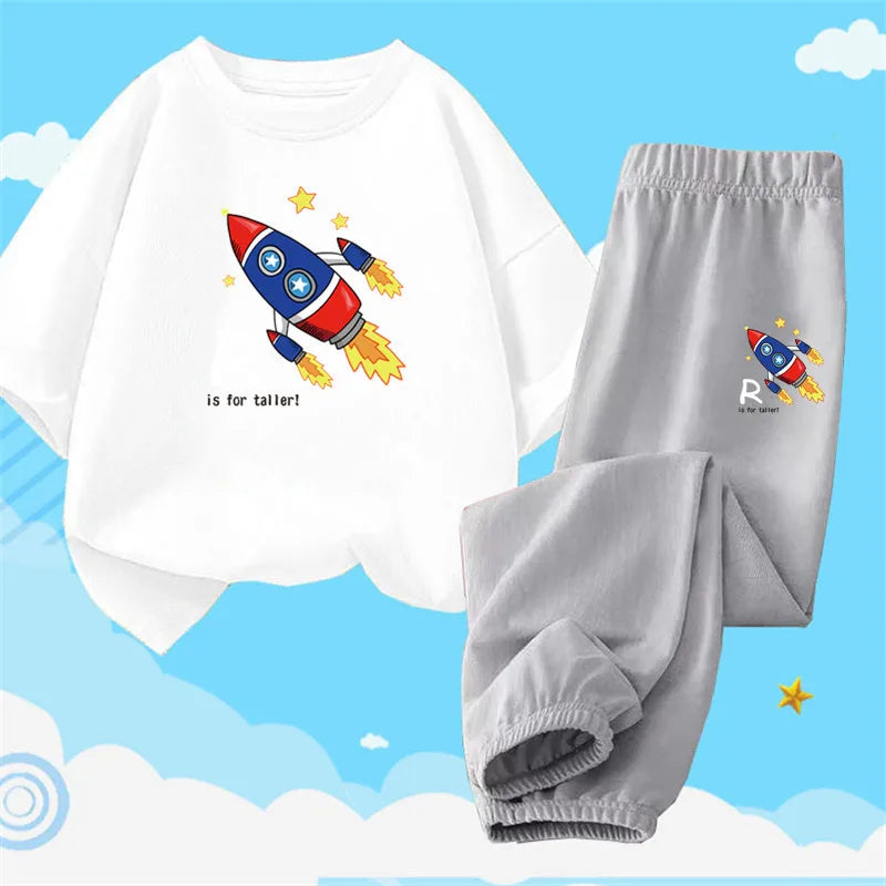 Boys Summer Clothes Set Kids Cartoon Space T shirts+Loose Harlan pants Suit 2PCS Pack Teens Sports Clothing Sets