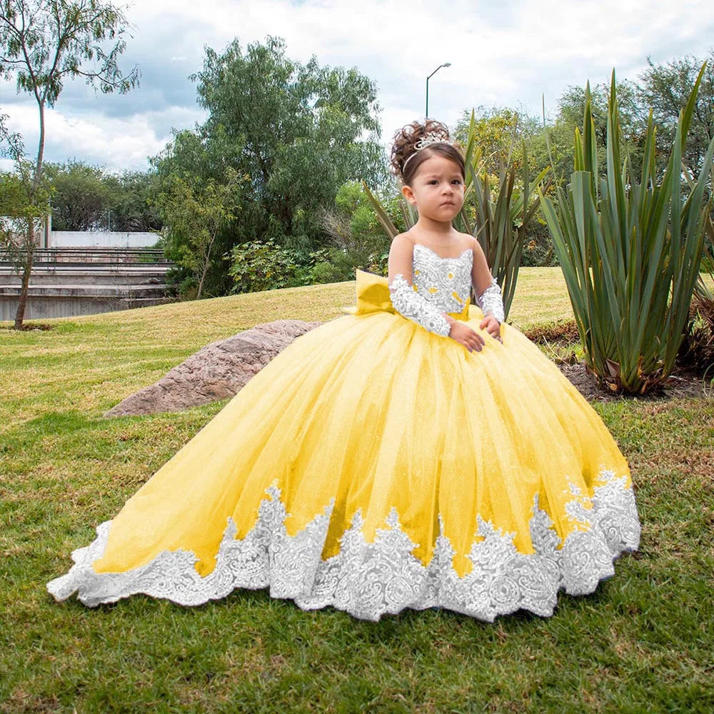 Long Sleeves Flower Girl Dresses For Weddings Toddlers Satin Bow Ball Gown Pageant Dress Sparkly 1st Communion Party Gowns