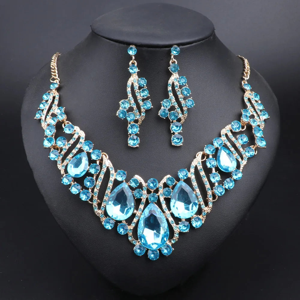 Fashion Crystal Gold Color Necklace Earrings Indian Bridal Jewelry Sets For Brides Wedding Party Costume Accessories Women