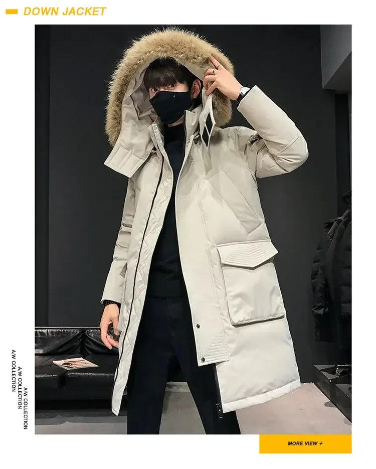 Men's Thickened Down Jacket Hooded Faux Fur Collar Winter Long Parka Jacket Outdoor Street Fashion Jacket Men's Clothing 2024