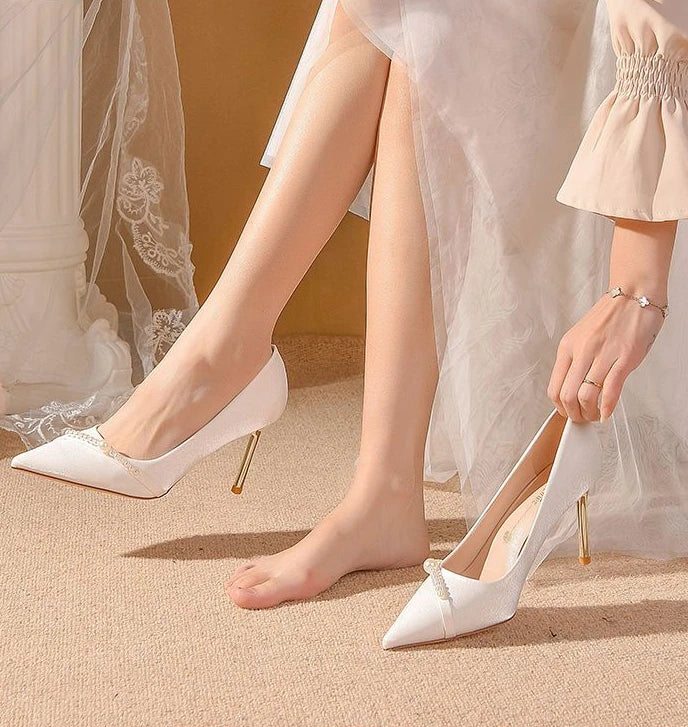 Women's Summer Footwear Bride Pumps Shoes for Woman 2024 Wedding Shoe on Heeled Pointed Toe Pearl Stilito High Heels Popular 39