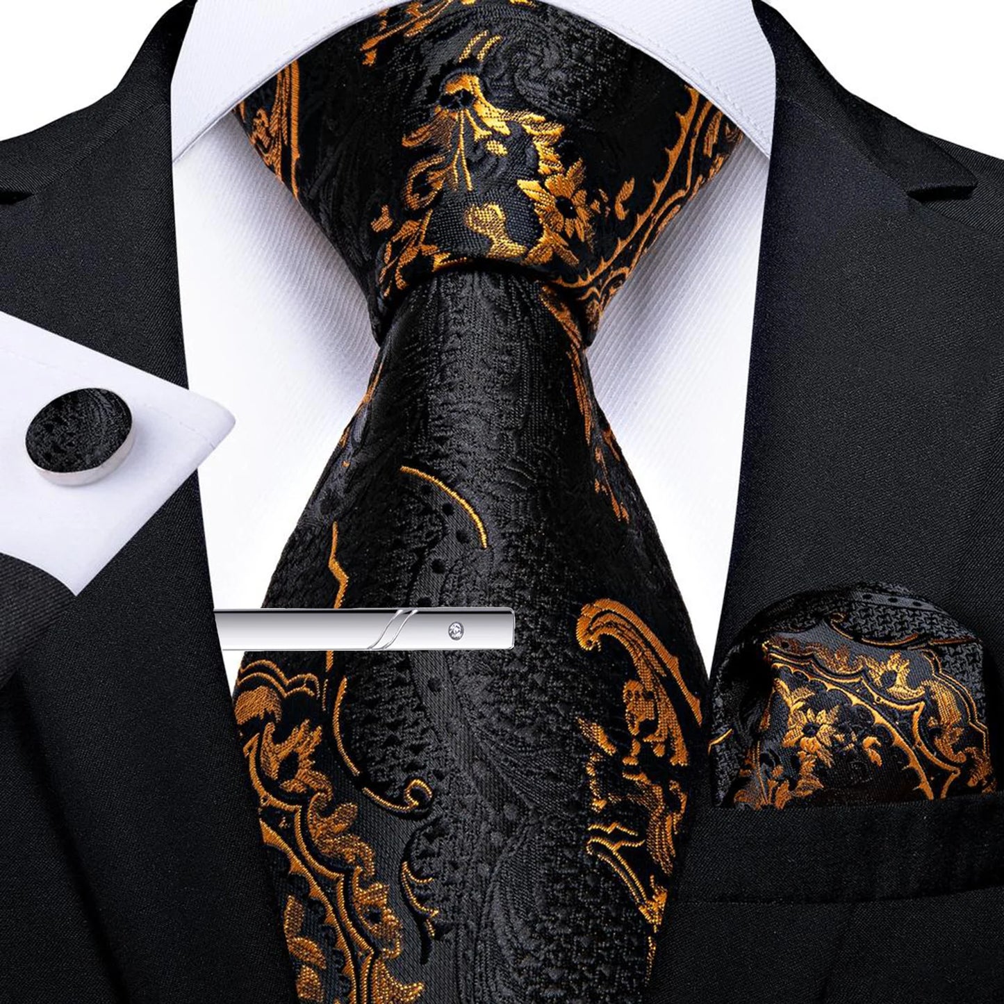 Men's Tie Set with Clip Luxury Retro Red Blue Floral 8cm Necktie Handkerchief Cufflinks Wedding Party Business Accessories Gift