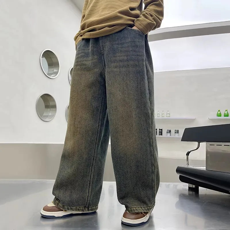 Autumn Winter School Boy Insulate Jeans Denim Pants Streetwear Child Retro Blue Straight Cut High Waist Warm Thermal Trousers