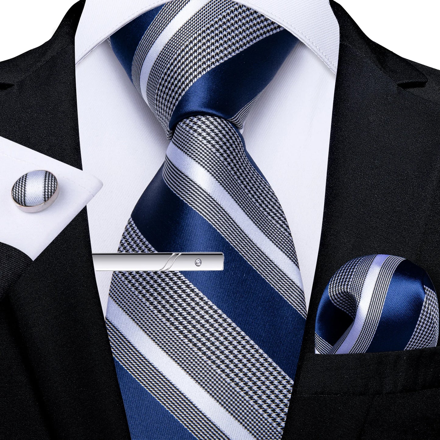 Men's Tie Set with Clip Luxury Retro Red Blue Floral 8cm Necktie Handkerchief Cufflinks Wedding Party Business Accessories Gift