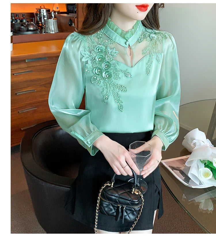 H Han Queen Elegant Autumn Shirt Embroidery Beads Chiffon Simple Office Blouse Loose Tops Long Sleeve Casual Blouses Women