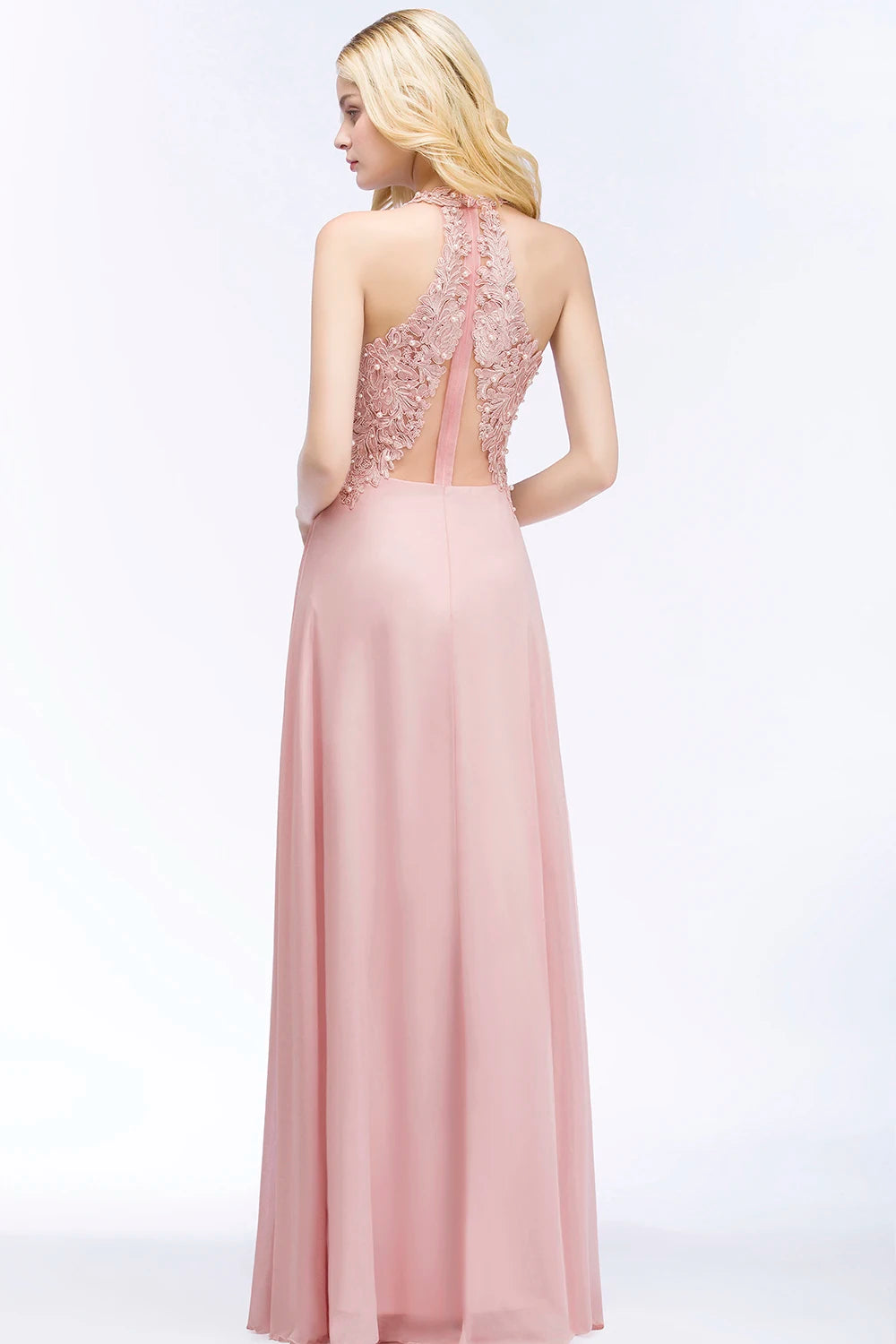 BABYONLINE Halter Neckline Lace Pearls Bodice Bridesmaid Dress Long Floor-length Skirt Chiffon Sexy Open Back Wedding Clothes