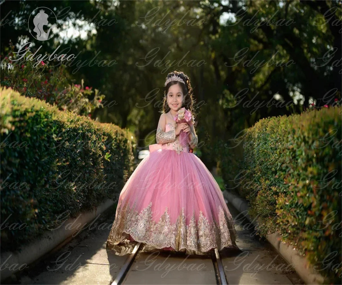 Wedding Long Sleeves Flower Girl Dresses Golden Decal Tulle Children's Bow Party Birthday Pageant Robe Holy First Communion