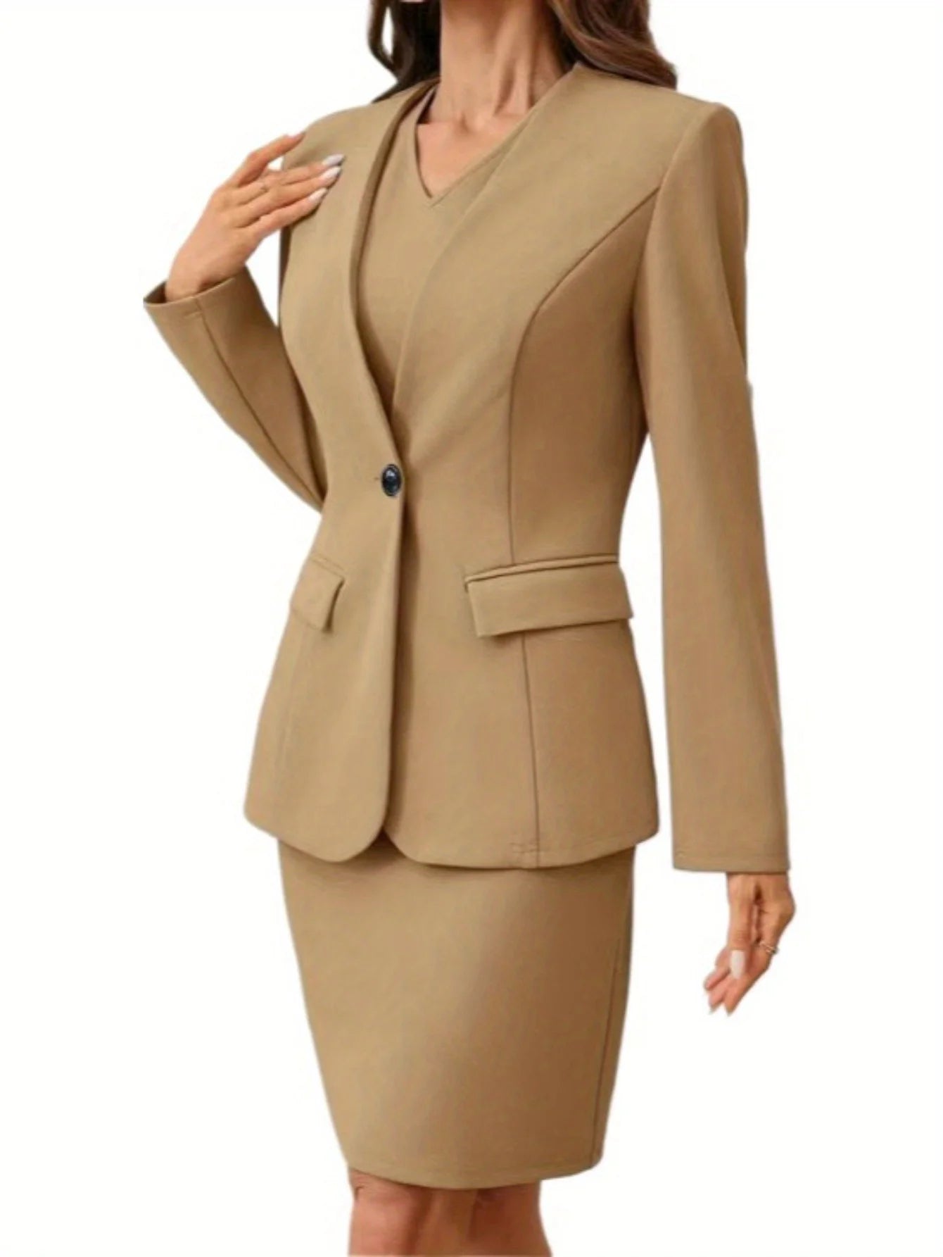 Women Elegant Office Lady V Neck Dress Suits Pure Color Sleeveless Pencil Dress Professional Casual Suit Set Spring Autumn