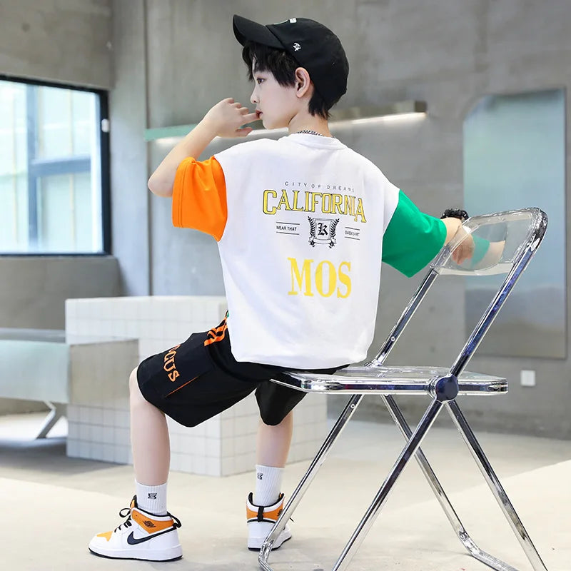 2025 summer Teenager Boys Clothes Casual Outfit Kids Tracksuit Child t shirt + shorts hot pant 4 5 6 7 8 9 10 12 11 13 14 Year