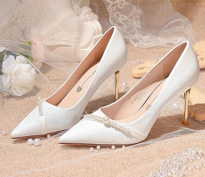 Women's Summer Footwear Bride Pumps Shoes for Woman 2024 Wedding Shoe on Heeled Pointed Toe Pearl Stilito High Heels Popular 39