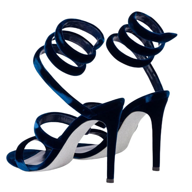 Summer new round toe silk ribbon snake-shaped wrapped sexy sandals thin high-heeled banquet dress large size women's shoes