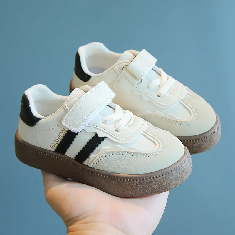 Children Spring Autumn Fashion Soft Soled German Training Shoes Boy Casual Board Shoes Girls Velcro Sneakers Striped White Shoes