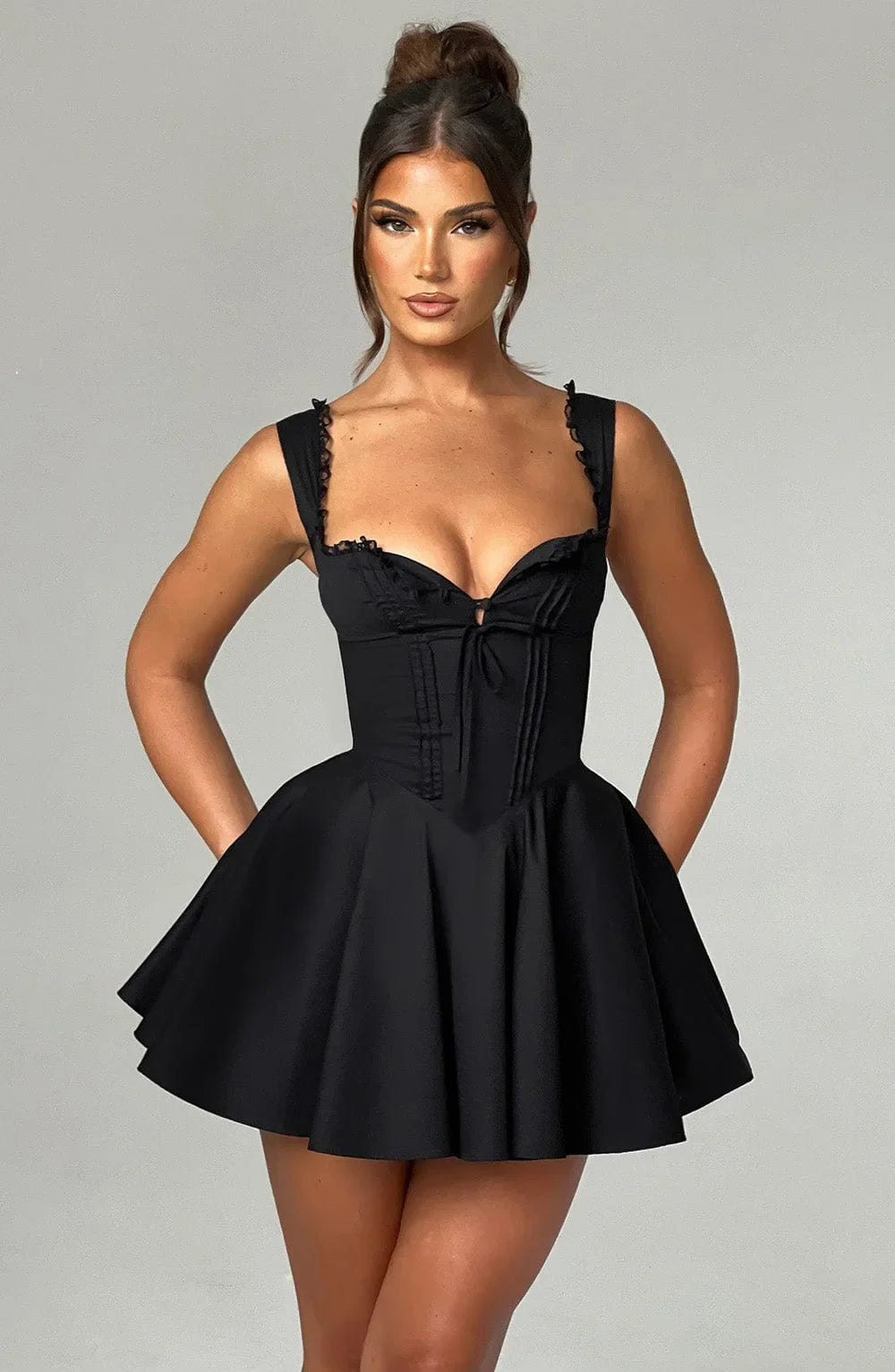 Women's Hot Girl Sweetheart Neck Dress Sexy Lace Splicing A-Line Dress 2025 Spring Summer Female Sweet Girl Solid Color Dress