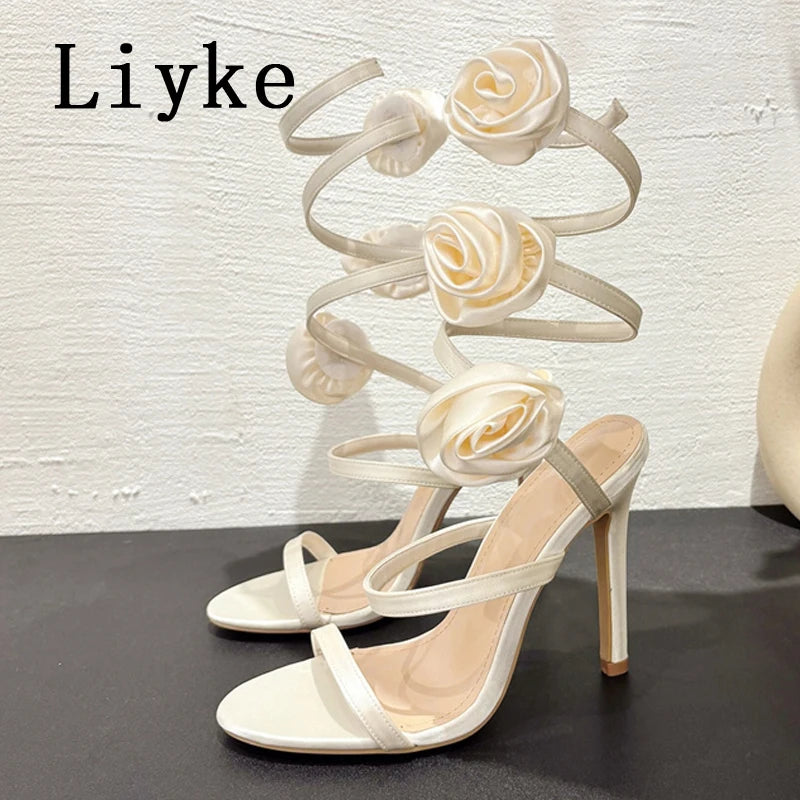 Liyke Elegant Women Wedding Banquet Shoes Fashion Silk Flowers Designer Sandals Female Open Toe Slip On Ankle Strap High Heels