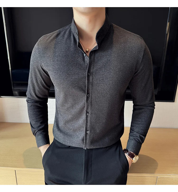 Winter Men Woolen Shirt with British Style Solid Casual Stand Up Collar Thick Warm Wool Formal Dress Shirt Fashion Men Clothing