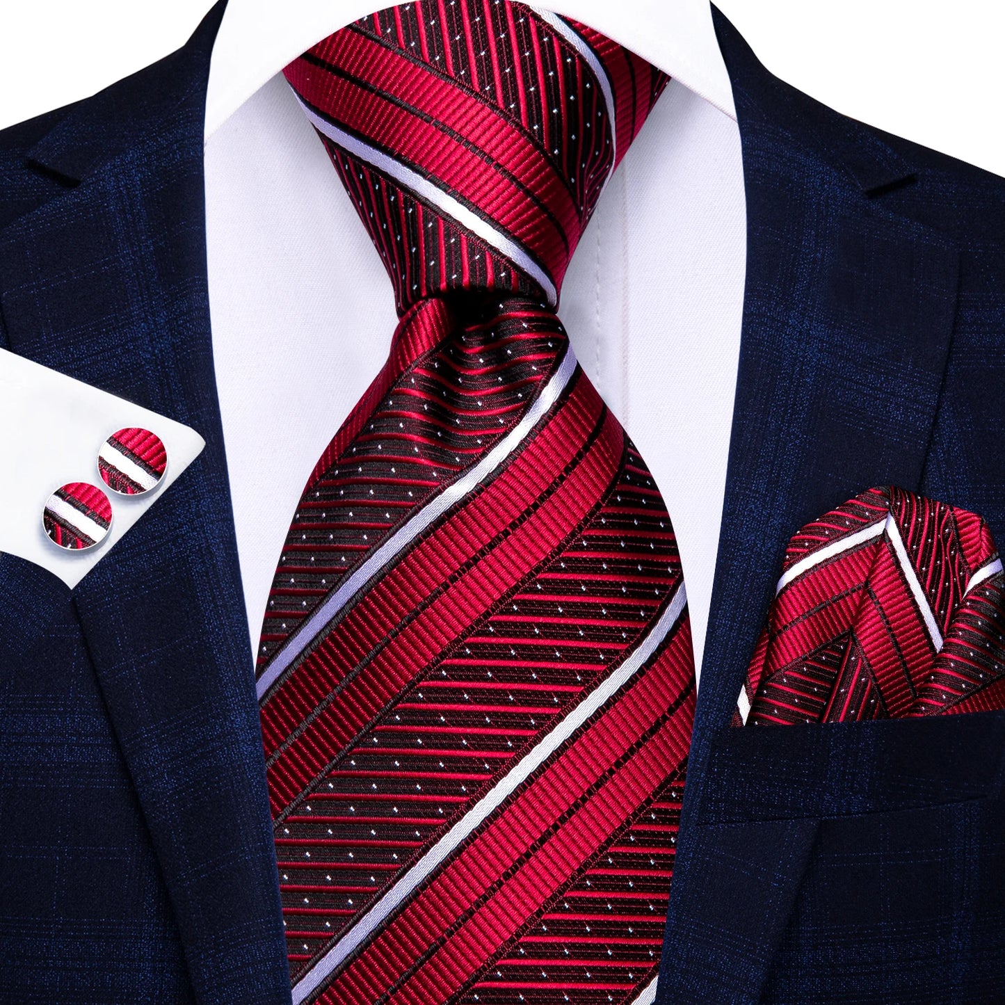 Hi-Tie Striped Burgundy Blue Black Men Elegant Necktie Handkerchief Cufflinks 3PCS Set Fashion Classic Silk Luxury Tie for Man