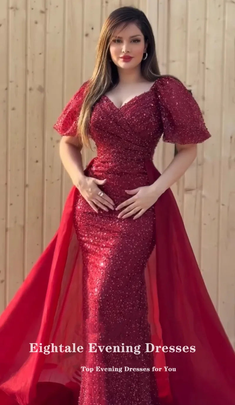 Eightale Violet Evening Dresses V-Neck Short Sleeves Robes De Soirée Sequined Customized Mermaid Prom Gown Wedding Party Dress