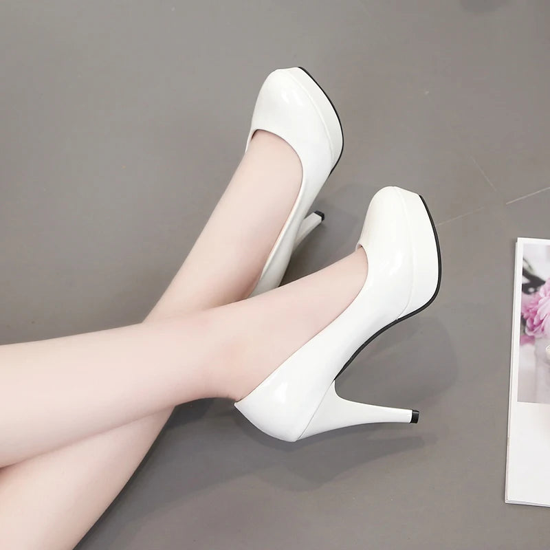 Beige waterproof platform high heels women's spring and autumn patent leather sexy round toe stiletto wedding shoes 10cm Size 42