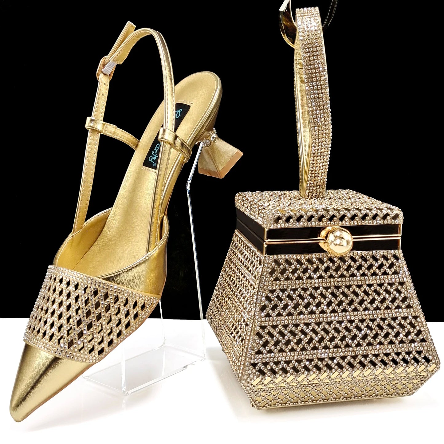 Newest Elegant Mature Style Black Color Party Wedding High Heel Pointed Toe Women Shoes and Bag full of Sequins Decoration
