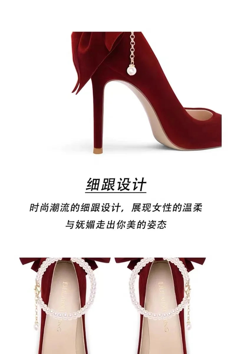 Red Xiuhe wedding shoes new pointy stiletto high heels female shallow mouth bow pearl one word buckle strap two wear bride shoes