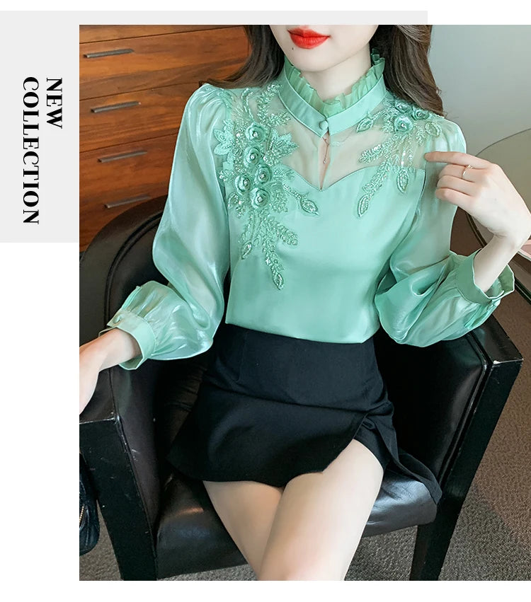 H Han Queen Elegant Autumn Shirt Embroidery Beads Chiffon Simple Office Blouse Loose Tops Long Sleeve Casual Blouses Women