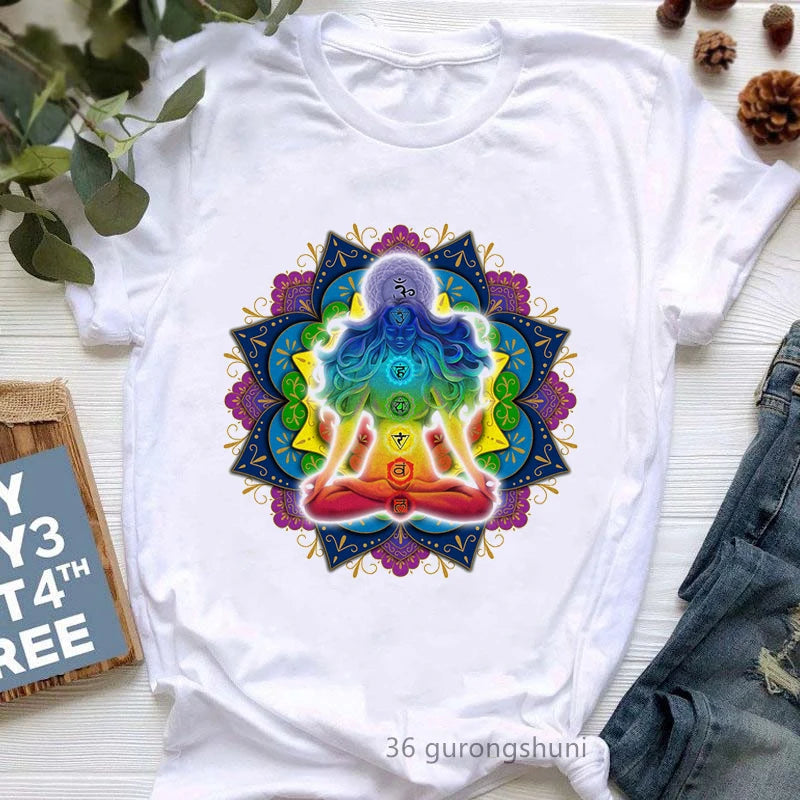 Newest Yoga Tree Print Tshirt Girls Summer Fashion Short Sleeve T Shirt Women Buddha Chakra Meditation T-Shirt Female Wholesale