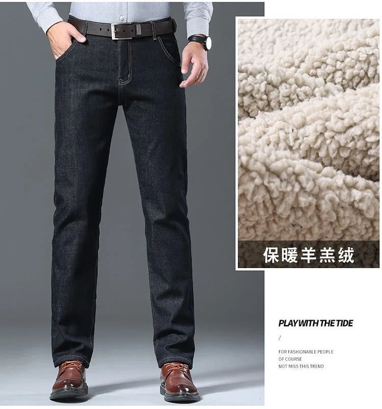 Winter New Fashion Trend Solid Color Plus Plush Thick Warm Jeans For Men's Casual Loose Sports Straight Leg Elastic Jeans 28-40