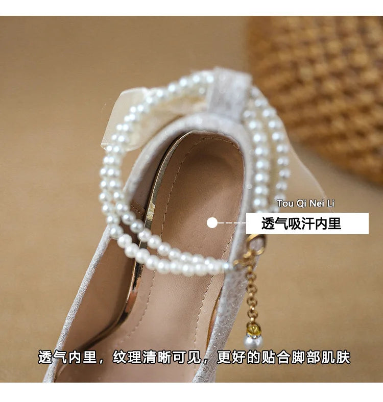 High heels, women's wedding shoes, Hexiu, two pairs of thick heels, beautiful ankle rings, pearl straps, bridal shoes