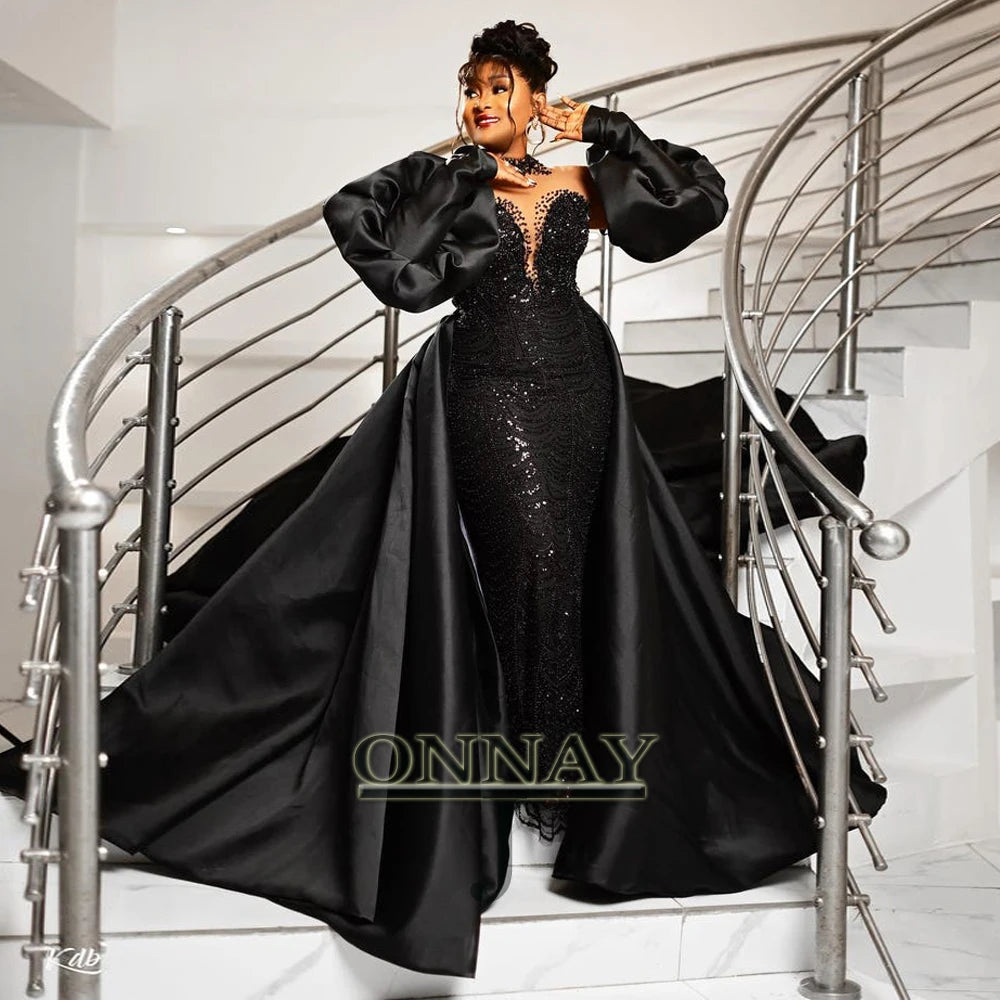 Customized Black Prom Dresses for African Women Detachable Train Saudi Arabric Gala Bespoke Gown Evening Vestidos De Fiesta