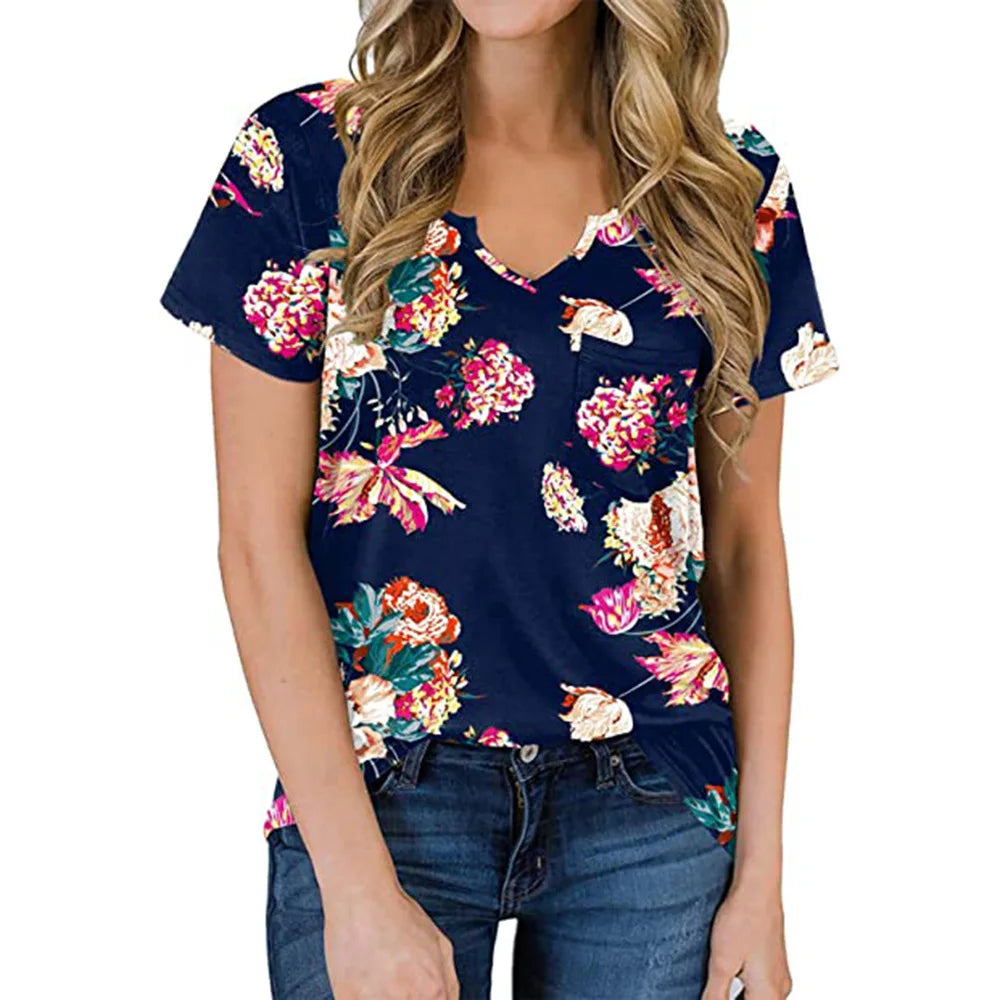 2024 Europe and the United States spring and summer new women's top printed V-neck short sleeve loose pocket T-shirt woman