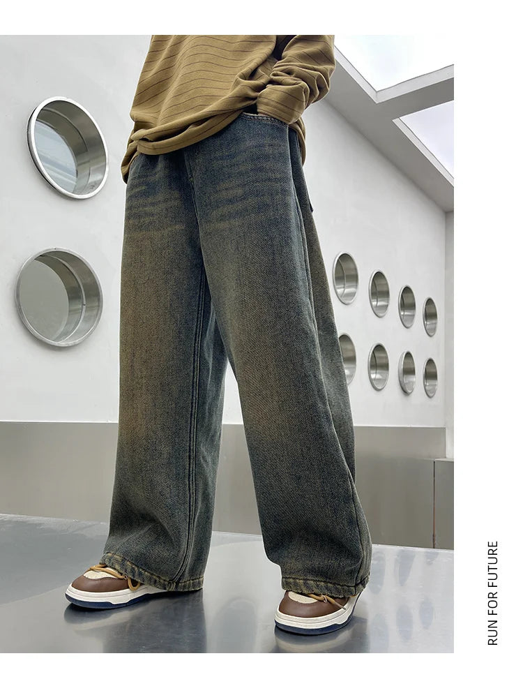 Autumn Winter School Boy Insulate Jeans Denim Pants Streetwear Child Retro Blue Straight Cut High Waist Warm Thermal Trousers