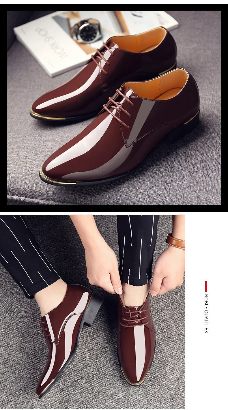 2024 New Men’s Patent Leather Shoes British Style Men's Dress Shoes Lace Up Pointed Toe Wedding Business Party Social Shoe Male