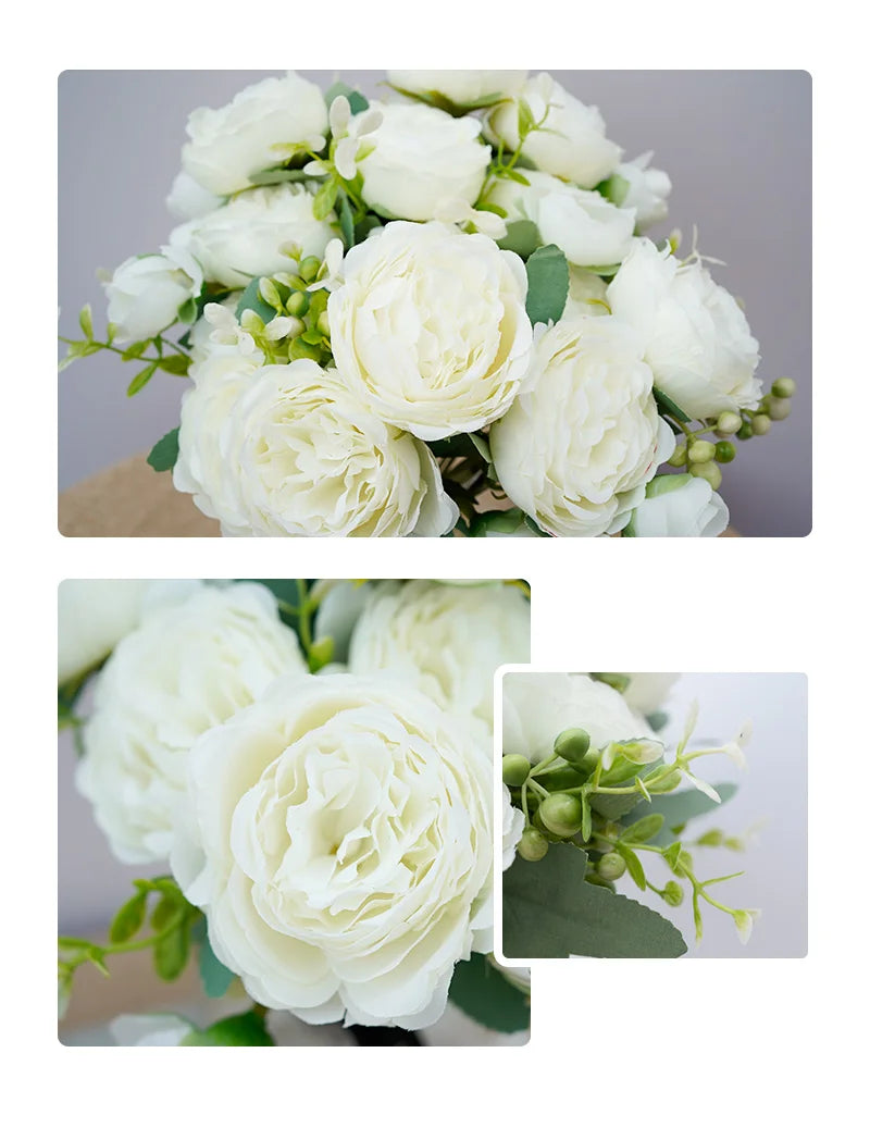 5 Flower Heads Artificial Wedding Rose Flowers Decoration Bride Holding Flower Bouquet Home Room Table Decor