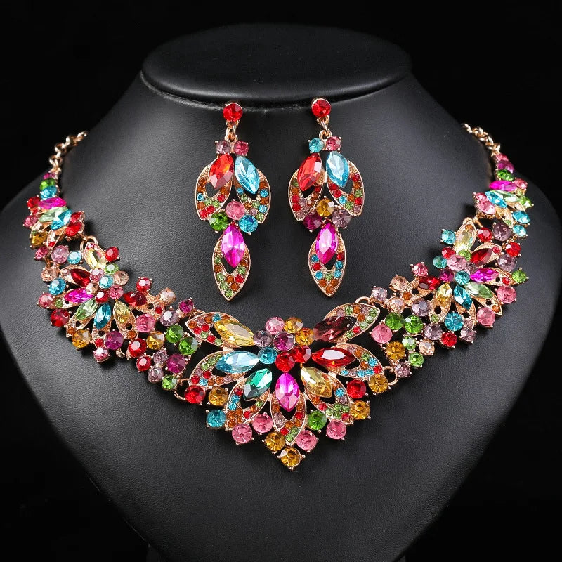 KMVEXO Fashion Multiple Colorful Crystal Prom Wedding Jewelry Sets for Women Accessories Necklace Earrings Bridal Jewelry Sets