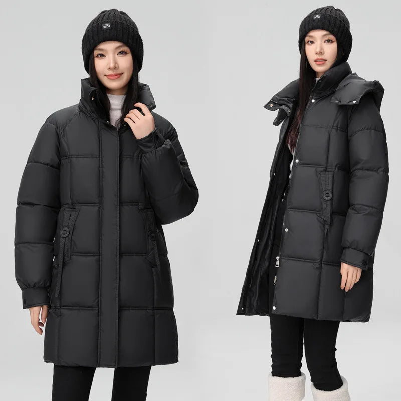 2024 New Winter Women Jacket Mid Long Hooded Parka Cotton Padded Jacket Female Parkas Loose Casual Warm Outwear Snow Wear Coats