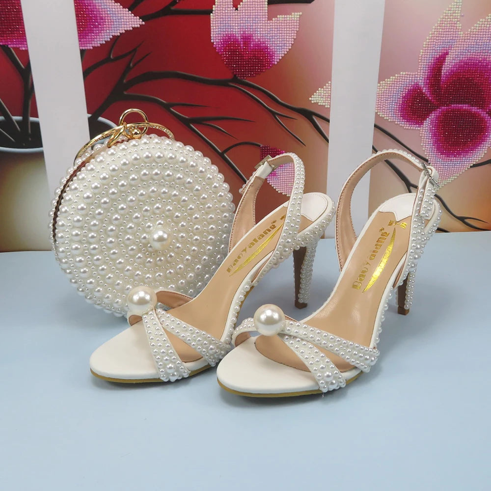 2024 New Arrival Hademade White Sandals Bridal shoes bag set woman Big Pearl Girls fashion Sandals party Shoes Fashion Thin Heel