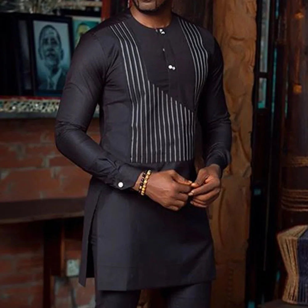 Kaunda Men's Suits Kaftan Outfits Round Neck Striped Print Long-sleeved African Ethnic Style Men's Sets Traditional Clothing