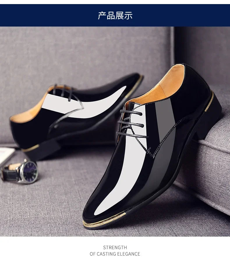 2024 New Men’s Patent Leather Shoes British Style Men's Dress Shoes Lace Up Pointed Toe Wedding Business Party Social Shoe Male