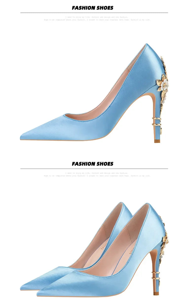 Women's Metal Flowers Stiletto High-heel Shoes Female Light Luxury Sexy Fashion Wedding Shoes Pointed Toe Satin Single Shoes