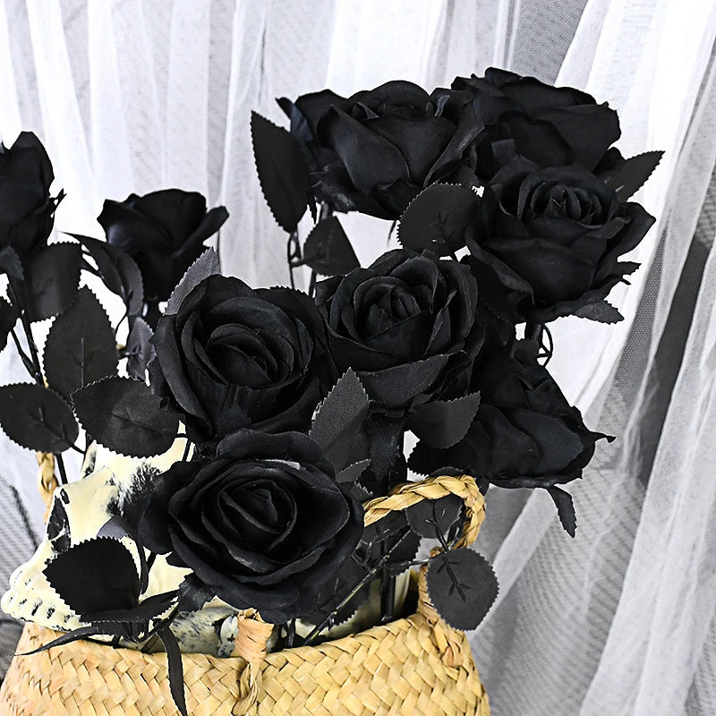 5Pcs Silk Black Rose Artificial Flower Fake Flower Bouquet For Wedding Party Decoration Home Decoration Garden Accessories