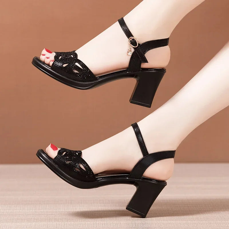 Small Size 32-43 Elegant Rhinestone Black Office Work Mom Shoes Women's Platform Sandals 2025 Summer Med Block Heels Sandals