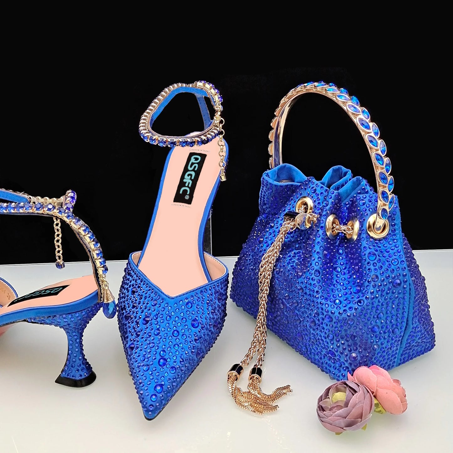 QSGFC New Gold Glitter Fabric Pointed Toe High Heels With A Variety Of Shapes Of Rhinestones Fashion Party Ladies Shoes And Bag