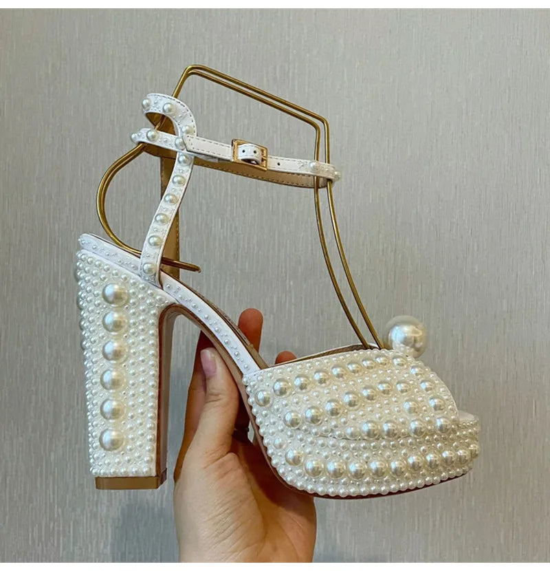 Fully Handmade Luxury Pearls Thick Heeled Peep toe Women Sandals Summer Fashion Platform Wedges High heels Wedding Banquet Shoes