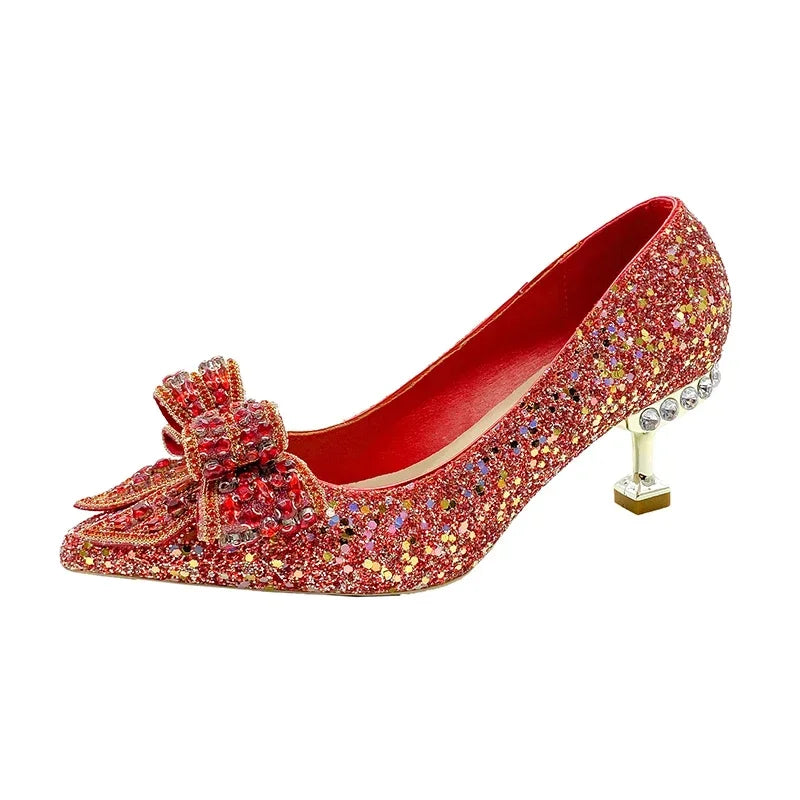Women's Rhinestone Wedding Shoes New Year Shoes Luxury Buckle Decorative Banquet Women's Shoes High Heels Gold Silver Red