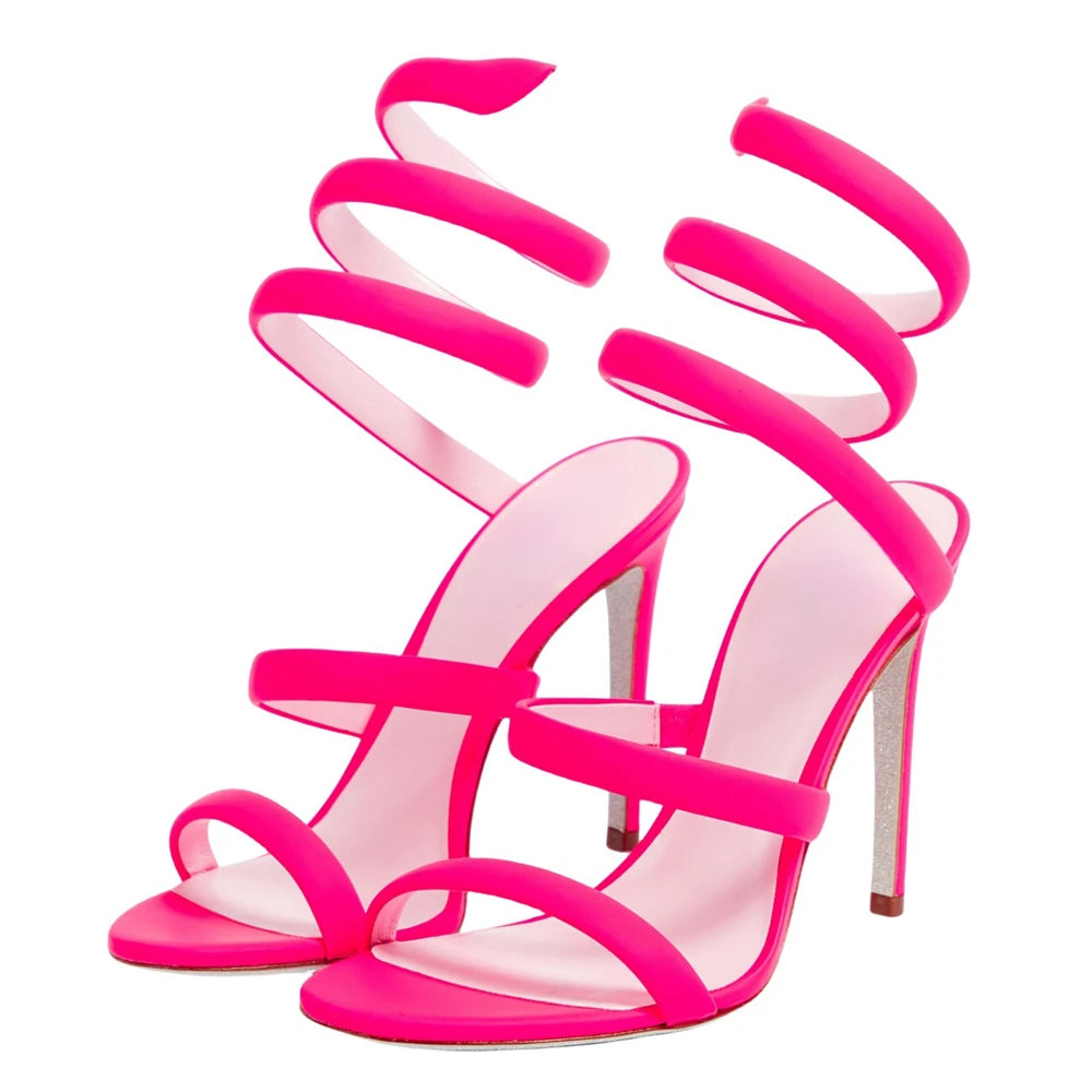 Summer new round toe silk ribbon snake-shaped wrapped sexy sandals thin high-heeled banquet dress large size women's shoes
