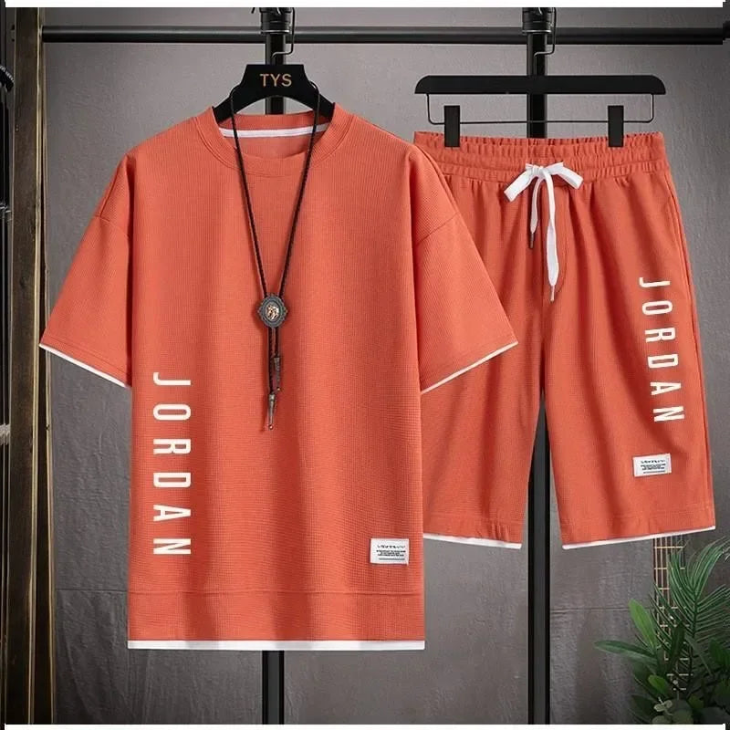 Summer men breathable quick dry jogging basketball sports suit fashion short-sleeved casual crewneck T-shirt + shorts two-piece
